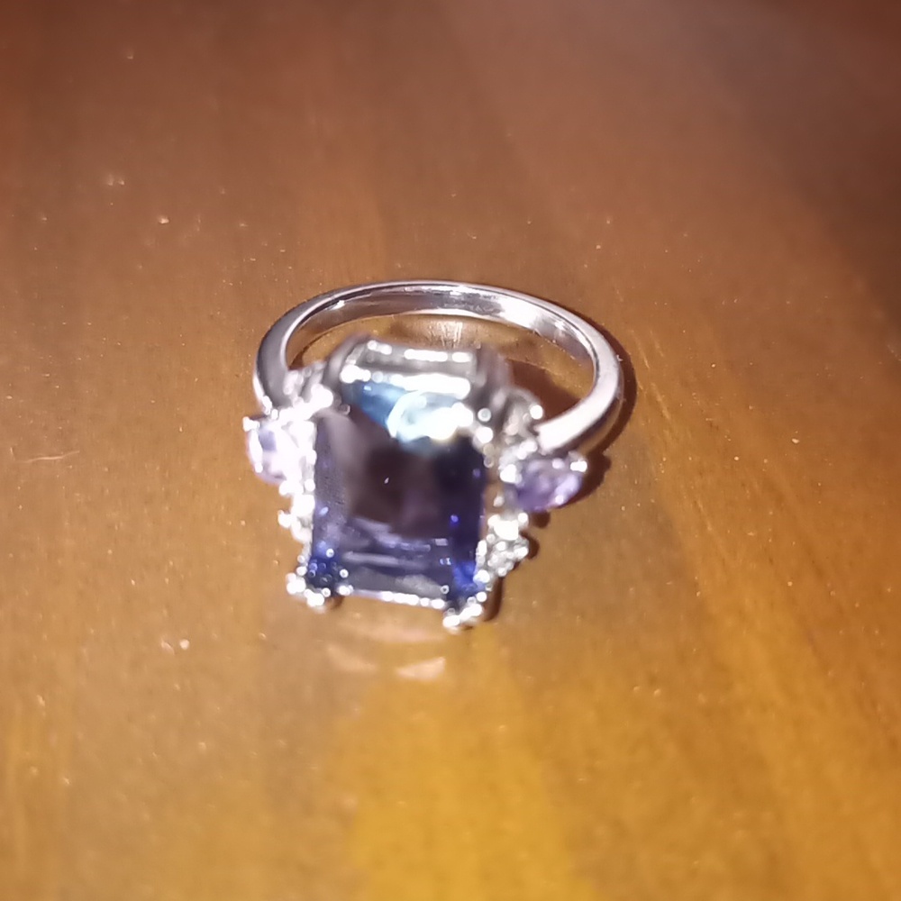 Large Emerald Cut Faux Amethyst Ring-Faux White Sapphire & Diamond Stones Sz 11